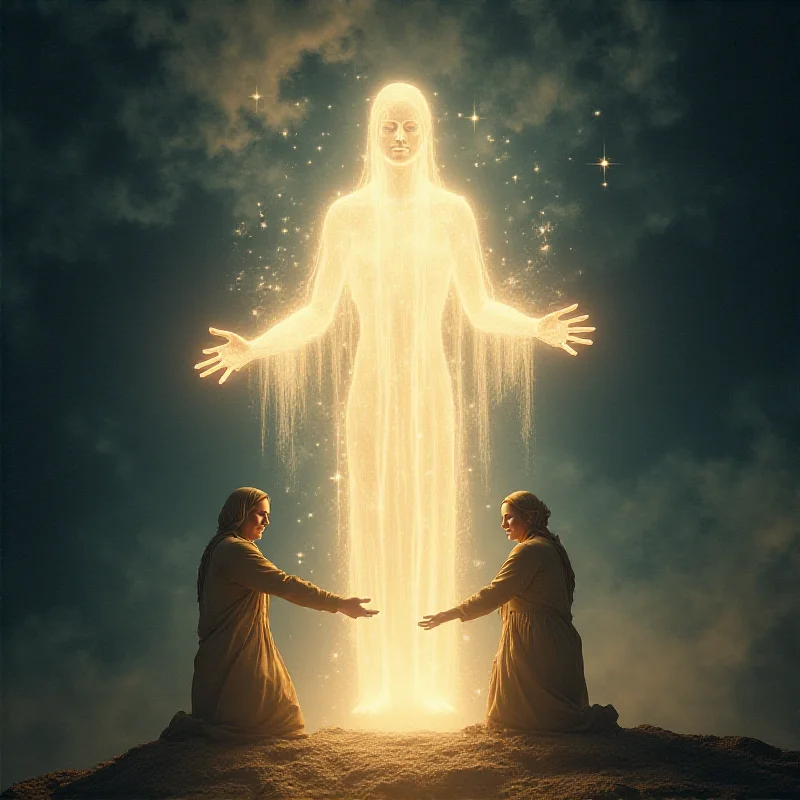 A glowing, ethereal figure with outstretched hands, offering a gift of light to a kneeling person.