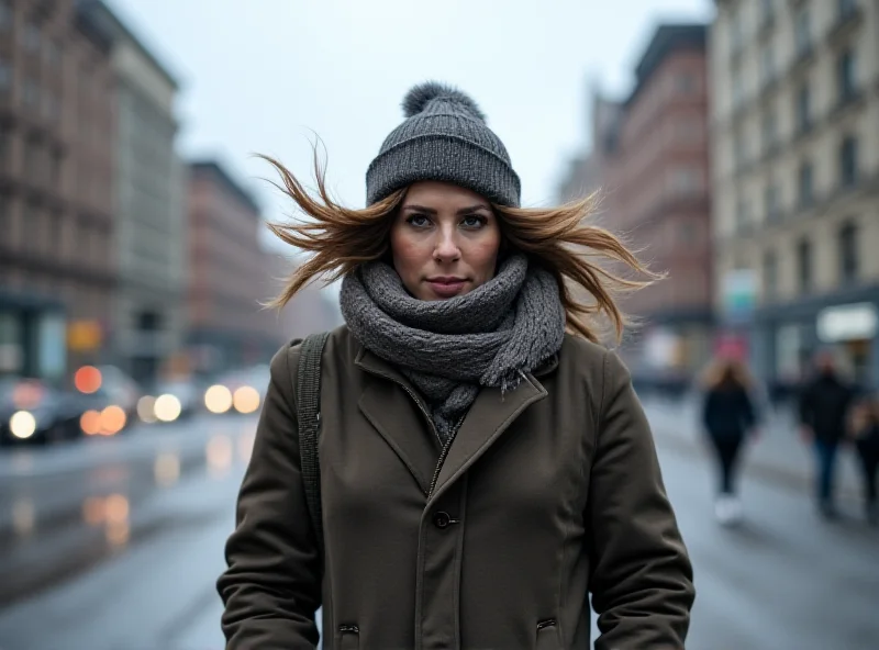 A person bundled up against the wind in a city street.