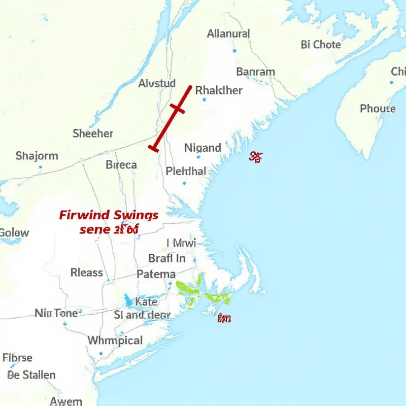 A weather forecast map showing wind speeds and directions across New England.