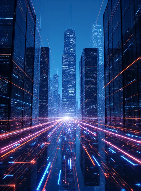 A futuristic cityscape with glowing lines representing data flow and interconnectedness, symbolizing the digital landscape and the importance of web hosting for e-commerce.