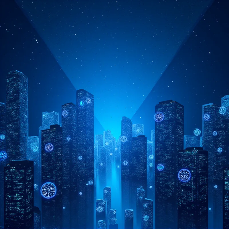 A futuristic cityscape with blockchain symbols integrated into the architecture, representing the future of Web3.