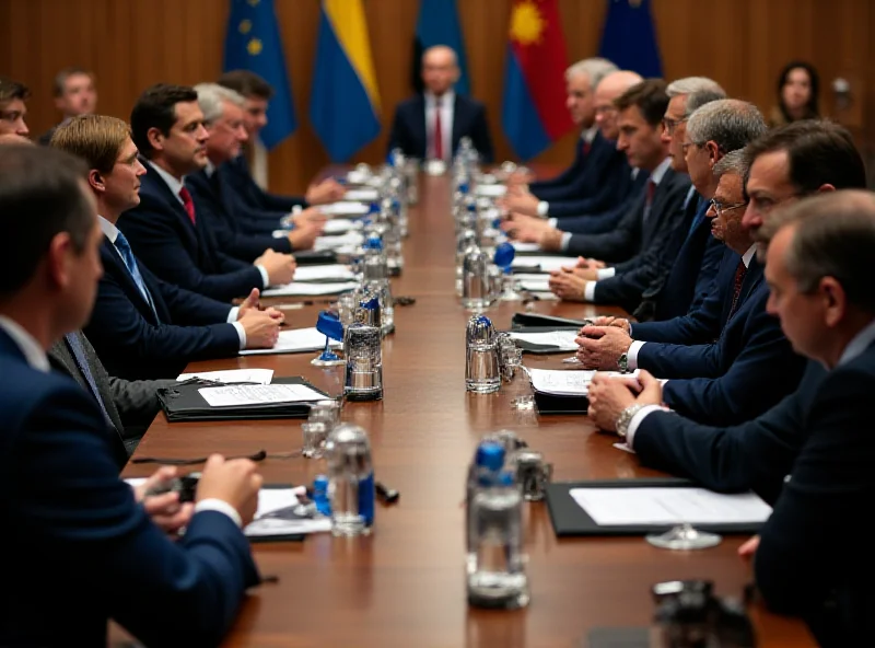 Delegates at a summit in London, with Ukrainian flags visible in the background.