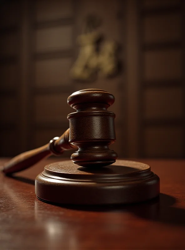 A gavel resting on a sound block in a courtroom setting, symbolizing justice and the legal system.