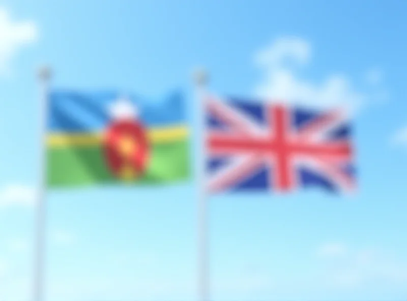 The flags of Rwanda and the United Kingdom waving in the wind side-by-side, symbolizing the relationship between the two countries.