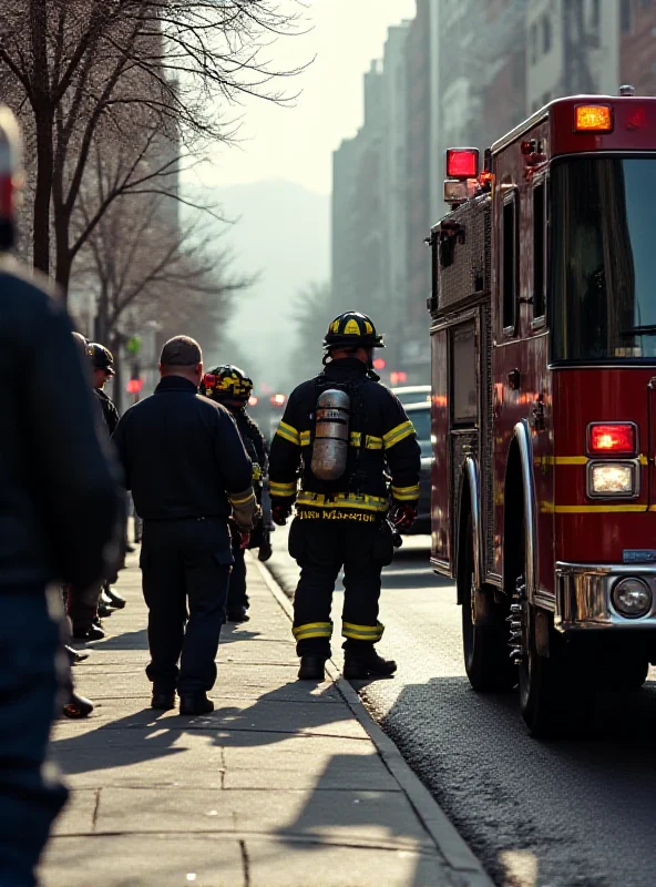 Image of a fire engine and emergency personnel in a city street