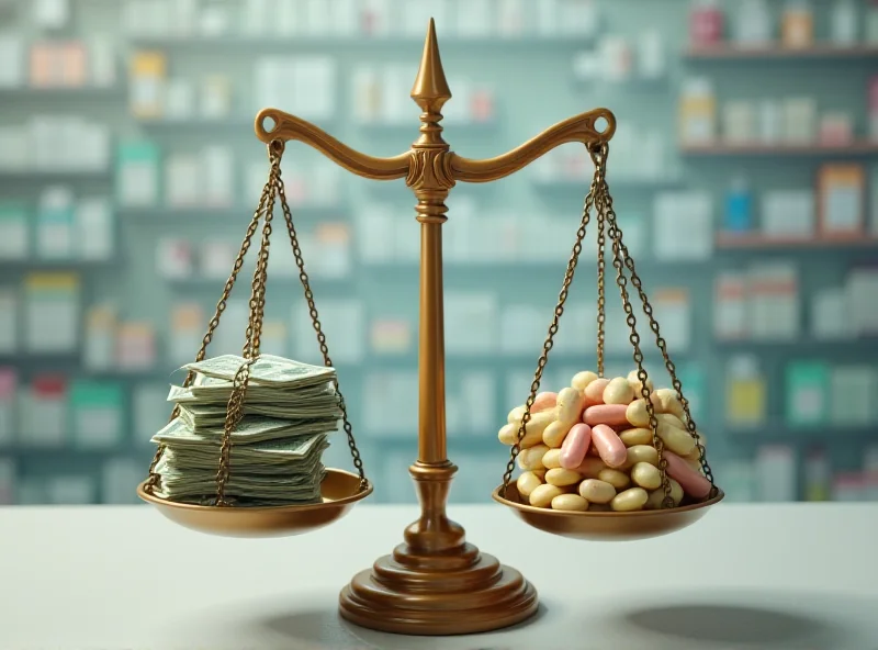 Illustration of a scale balancing money and weight-loss pills, symbolizing the price war in the weight-loss drug market.