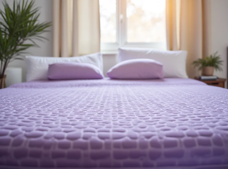 A comfortable-looking bed with a Purple mattress and soft bedding. The room is brightly lit and inviting.