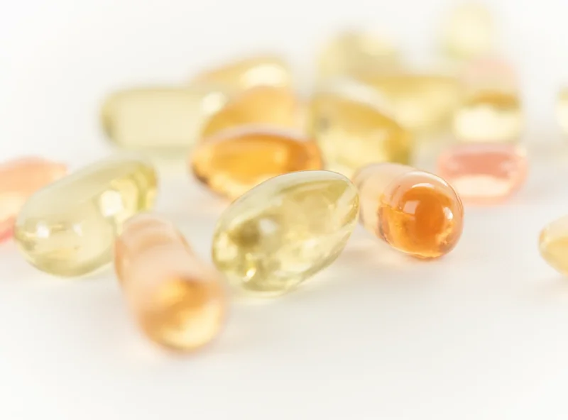 A close-up shot of various vitamin and supplement capsules and tablets, arranged on a clean white surface.