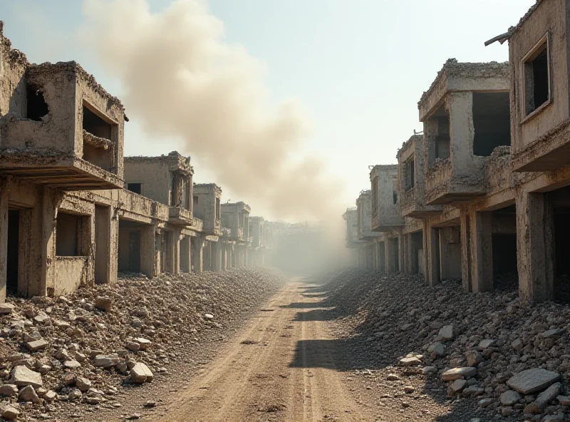 A damaged street in a West Bank refugee camp with destroyed buildings and rubble, showing the aftermath of clashes. 