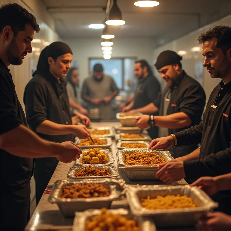 A charity kitchen in the West Bank, with volunteers preparing and serving food to displaced Palestinians during Ramadan.