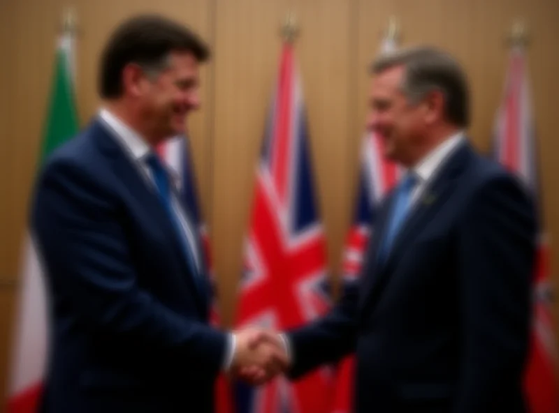 Giorgia Meloni and Keir Starmer shaking hands in front of flags.