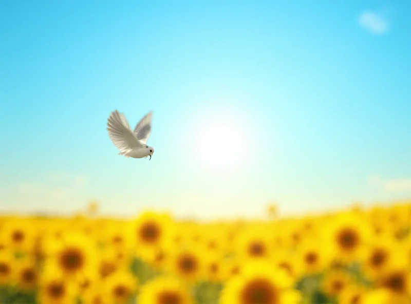 A dove flying over a field of sunflowers.