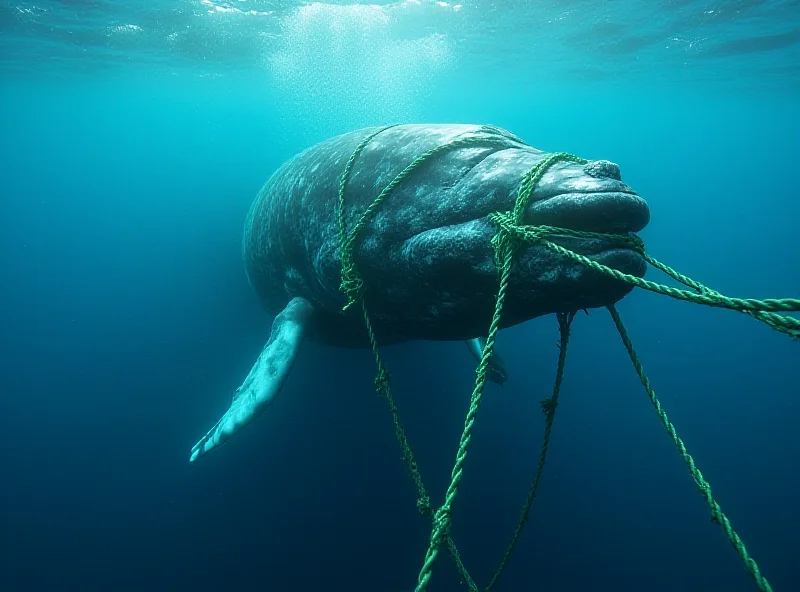 A large whale tangled in fishing ropes, struggling in the ocean.