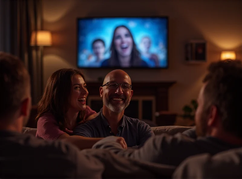 A diverse group of people laughing and enjoying a movie together in a living room setting. The atmosphere is warm and inviting, suggesting a shared entertainment experience.