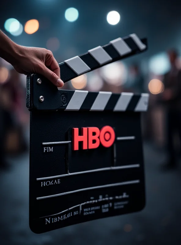 Close-up shot of a movie clapperboard with the HBO logo prominently displayed. The clapperboard is slightly ajar, revealing the slate behind it. The background is blurred, suggesting a bustling film set.