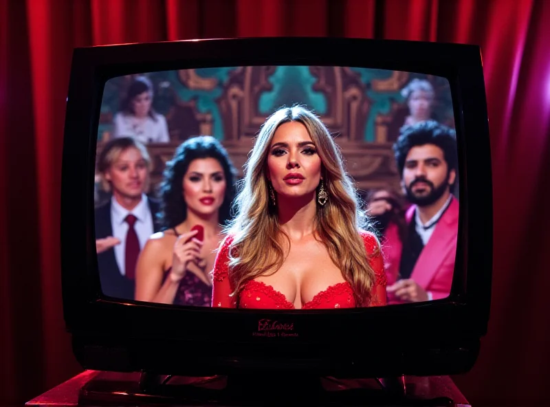 A television screen displaying a scene from a telenovela. The actors are dressed in vibrant clothing, and the lighting is dramatic, typical of the genre. The scene appears to be emotionally charged, with intense expressions on the actors' faces.