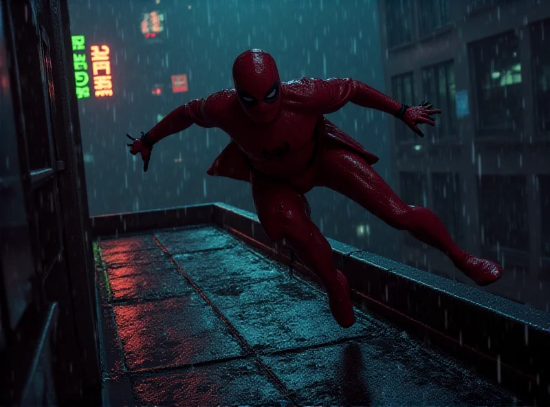 Daredevil leaps across a rooftop at night.