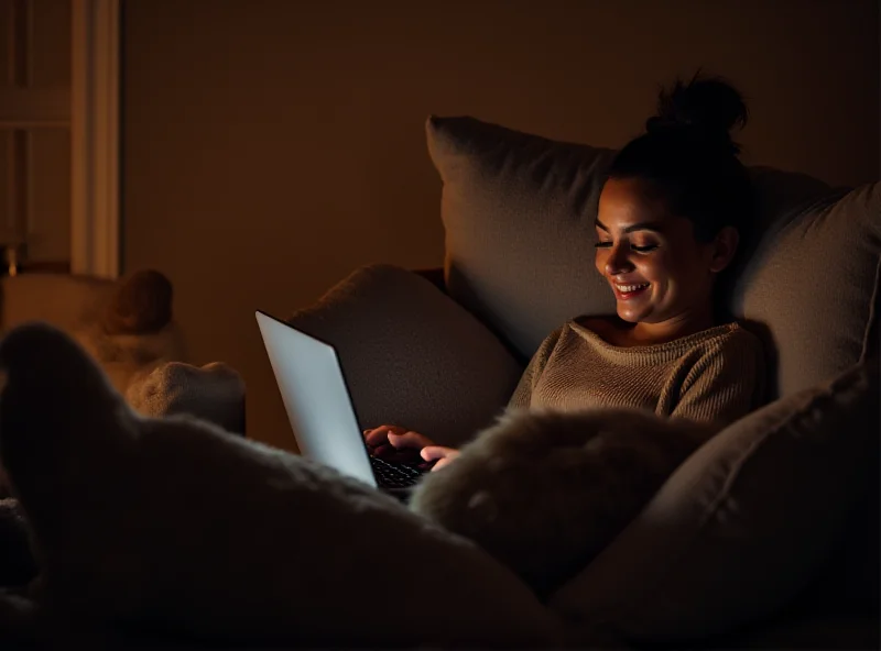 A woman sitting on a couch watching a movie on her laptop with a cat beside her.