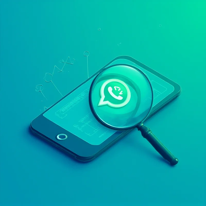 Digital illustration of a magnifying glass over a smartphone screen showing WhatsApp code, representing an APK teardown.