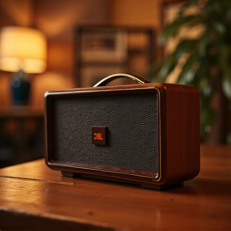 A close-up shot of the JBL Authentics 200 retro speaker on a wooden table.