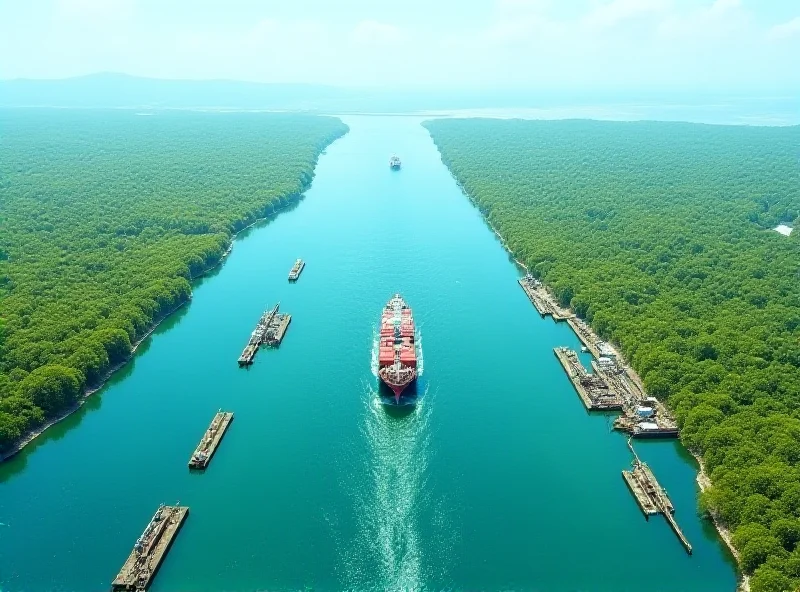 Aerial view of ships passing through the Panama Canal, emphasizing its strategic importance.