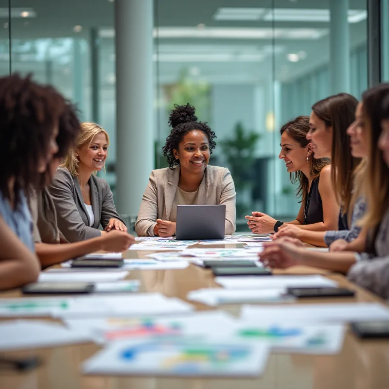 A diverse group of businesswomen sitting around a conference table, smiling and engaged in discussion.