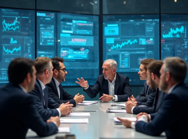 Economists debating around a table in a modern office, charts and graphs displayed on screens in the background, serious expressions.