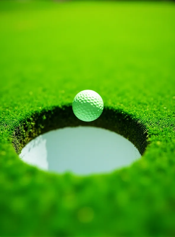 A golf ball dropping into the hole on a green.