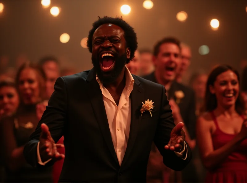 A candid photo of Colman Domingo at the 2025 Oscars, encouraging the audience to dance, with a warm and inviting expression. The audience is partially visible, smiling and beginning to move.