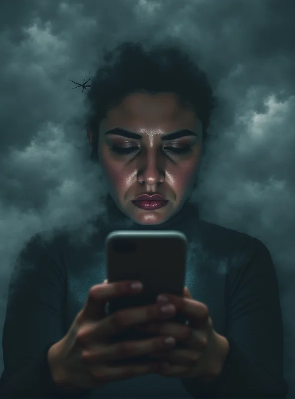 A person looking at their phone with a distressed expression, surrounded by dark, swirling clouds representing the negativity and stress associated with dating app experiences. The background is blurred to emphasize the person's emotional state.