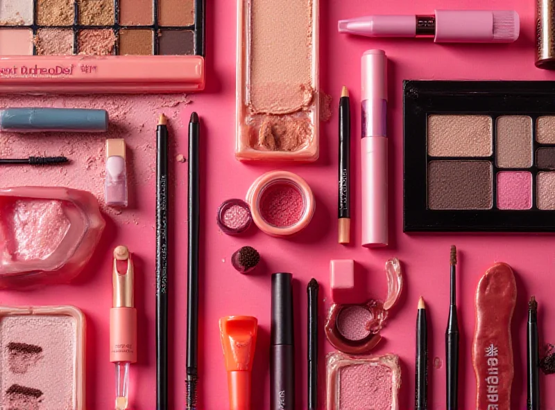 A vibrant display of various beauty products, including eyeliners, mascaras, lipsticks, and eyeshadow palettes, arranged in an appealing and colorful manner. The lighting is soft and flattering, highlighting the textures and shades of the products.