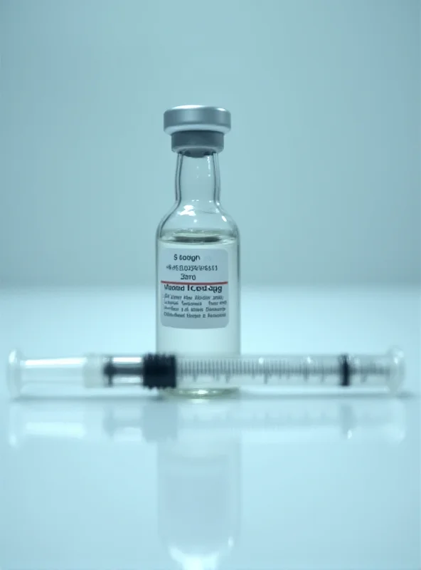 A vial of clear liquid with a syringe next to it.