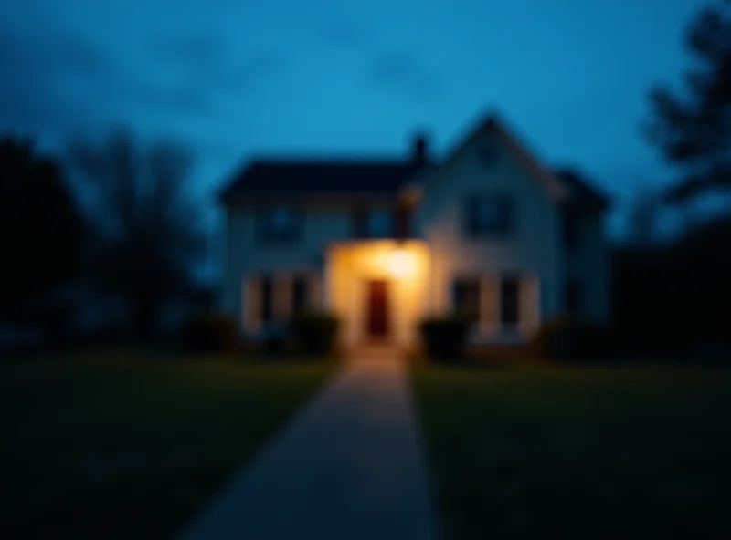 A blurred photo of a suburban house at dusk.