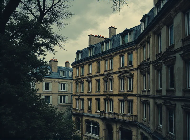 Illustration of a Parisian hotel with a second-floor window, subtly suggesting the location of the tragic event. The scene should be overcast and melancholic.