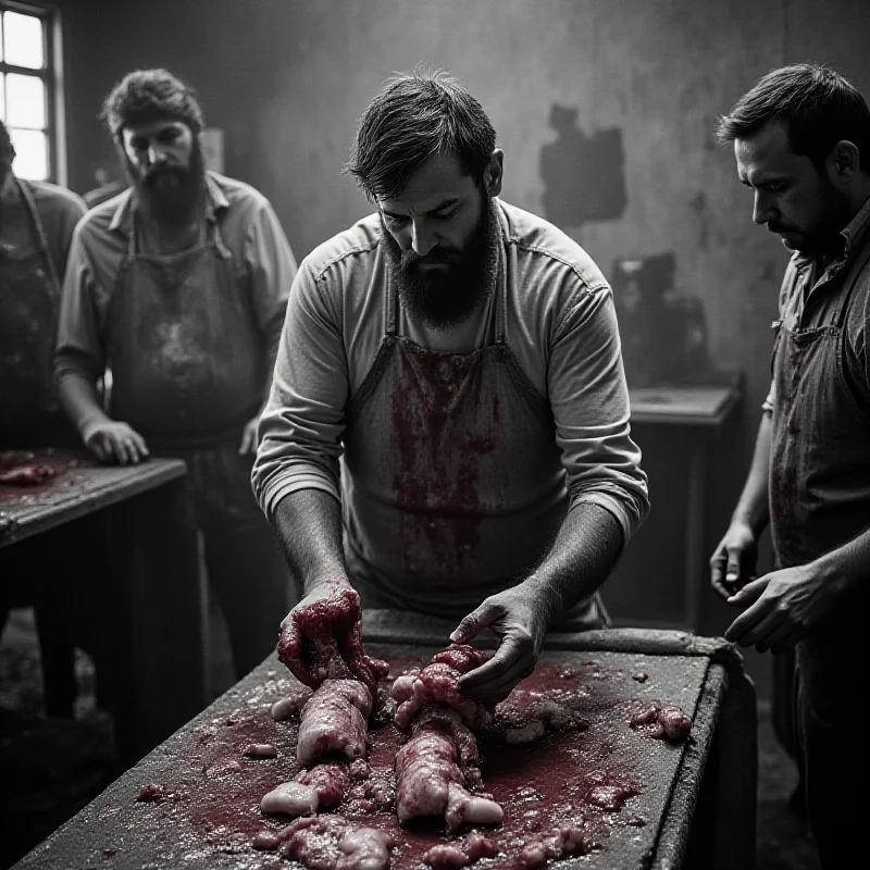 A black and white photograph capturing the scene of a Hutterite chicken butcher covered in blood. The image should have a documentary style, highlighting the intensity and rawness of the moment.