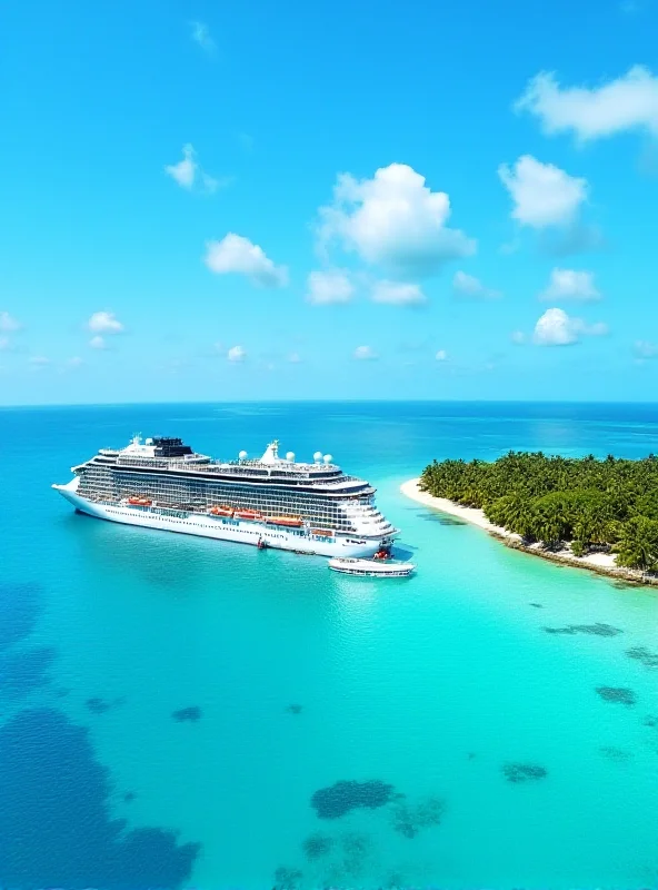 Aerial view of a large cruise ship docked near a tropical island with clear blue water.