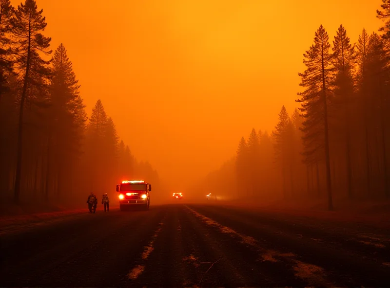 Smoke billowing from a wildfire in a forest. Flames are visible, and fire trucks are in the distance.