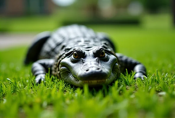 An alligator lying on a patch of grass, looking towards the camera. It is a medium-sized alligator, and its skin is a dark green color.