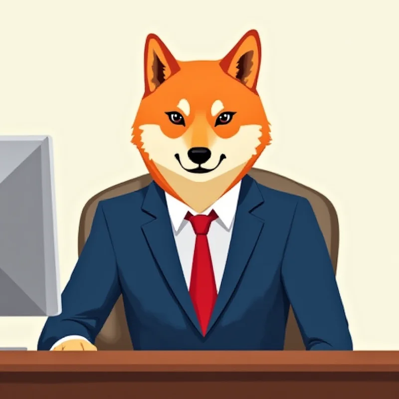 A digital illustration of a Shiba Inu dog wearing a business suit and tie, sitting at a desk with a computer. The dog is looking directly at the viewer with a serious expression.