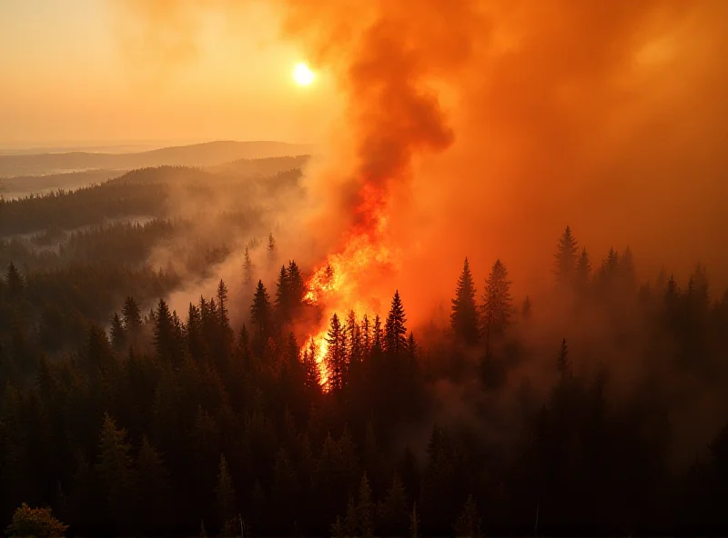 A dramatic aerial view of a wildfire burning through a forest, with smoke billowing into the sky.