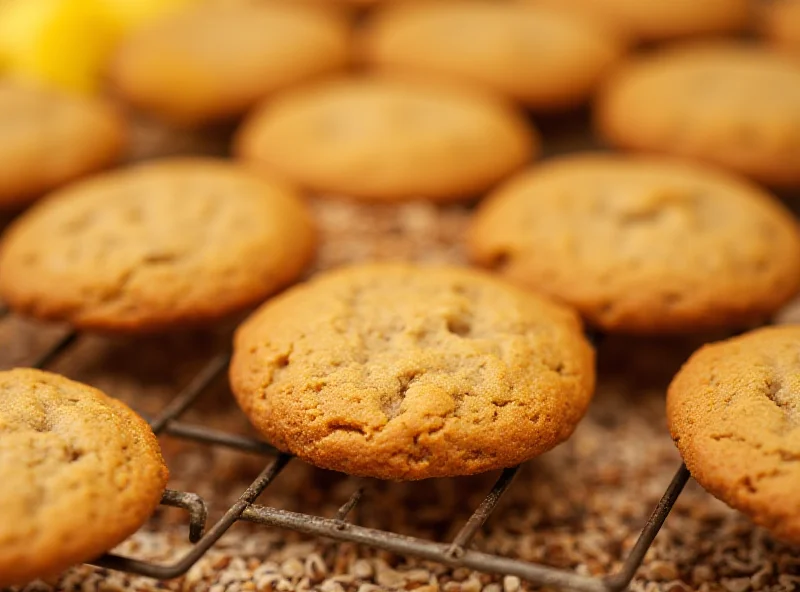 A close-up shot of a batch of freshly baked, golden-brown cookies, with a few ingredients like applesauce and flax seeds scattered around.