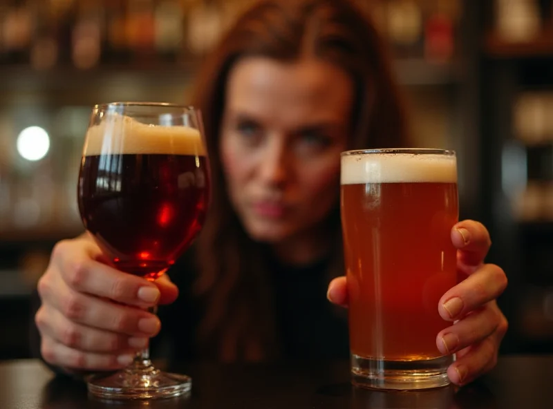 A person thoughtfully comparing a glass of red wine and a pint of craft beer.