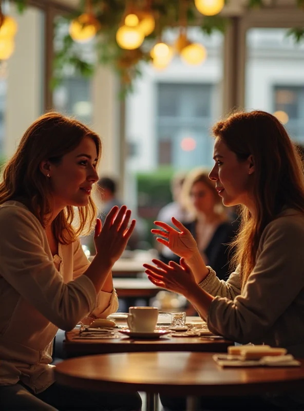 Two friends sitting at a table, one talking animatedly while the other listens with a slightly weary expression.