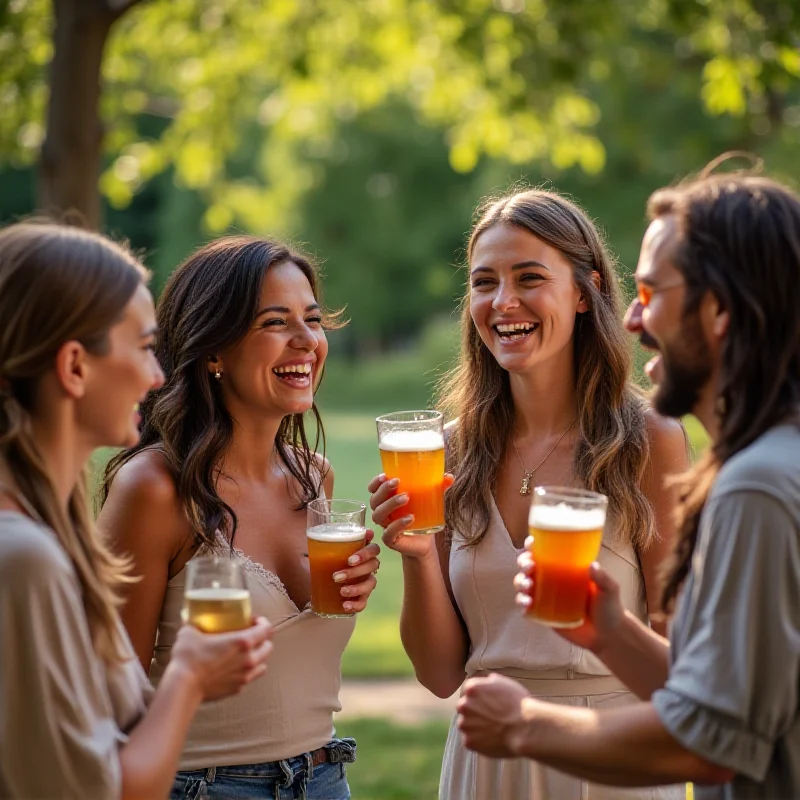 A diverse group of friends laughing and enjoying each other's company while holding glasses of wine and beer.