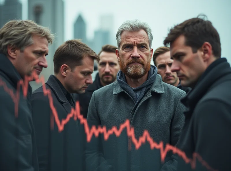 A group of concerned investors looking at a financial graph plummeting downwards.