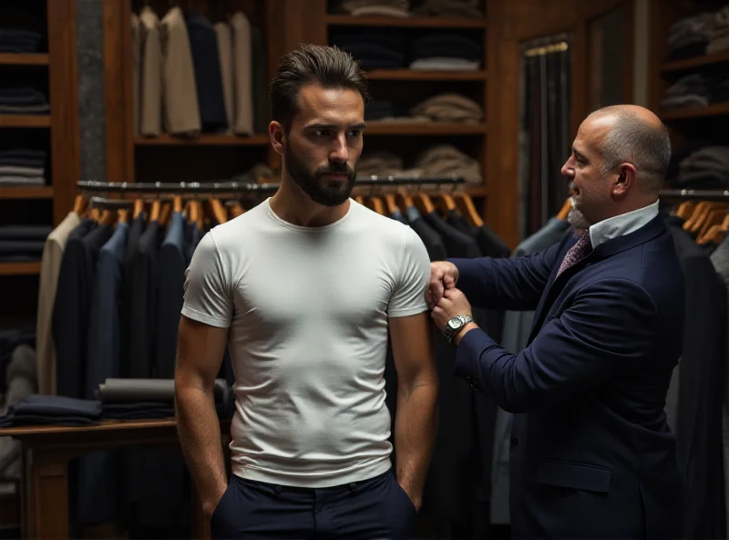 A Savile Row tailor fitting a man for a T-shirt.