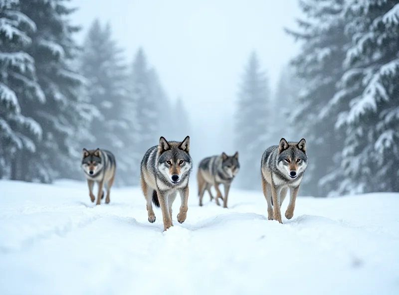 A pack of wolves moving through a snowy forest landscape.