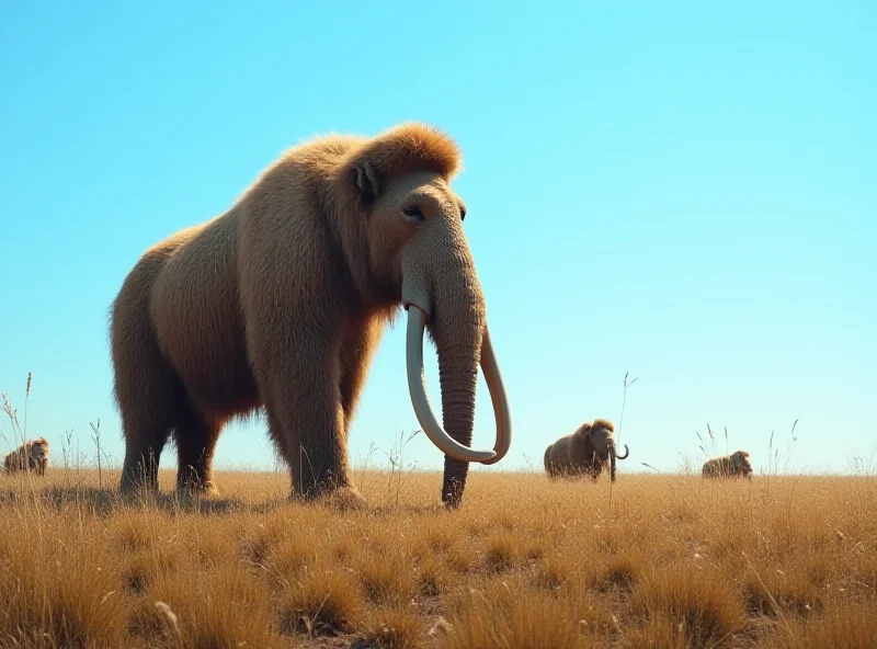 A woolly mammoth standing on a grassy plain with other mammoths in the background.