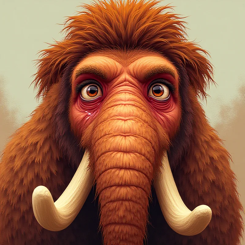 A detailed close-up illustration of mammoth suffering from allergies, with red eyes and a runny nose.