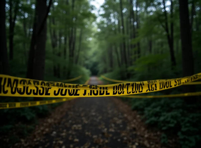 Police tape surrounding a wooded area